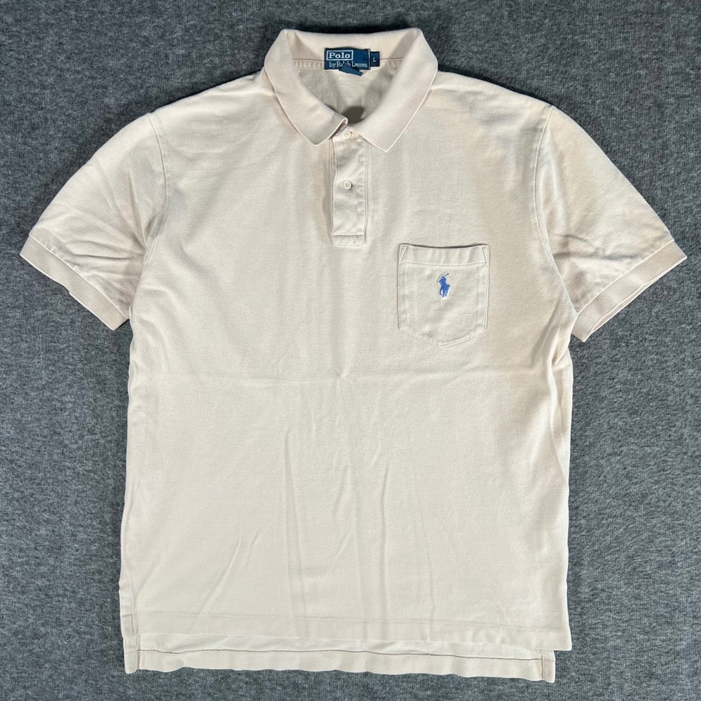 Polo Ralph Lauren Mens Large Cream Short Sleeve Pocket Polo Shirt Blue Pony Logo